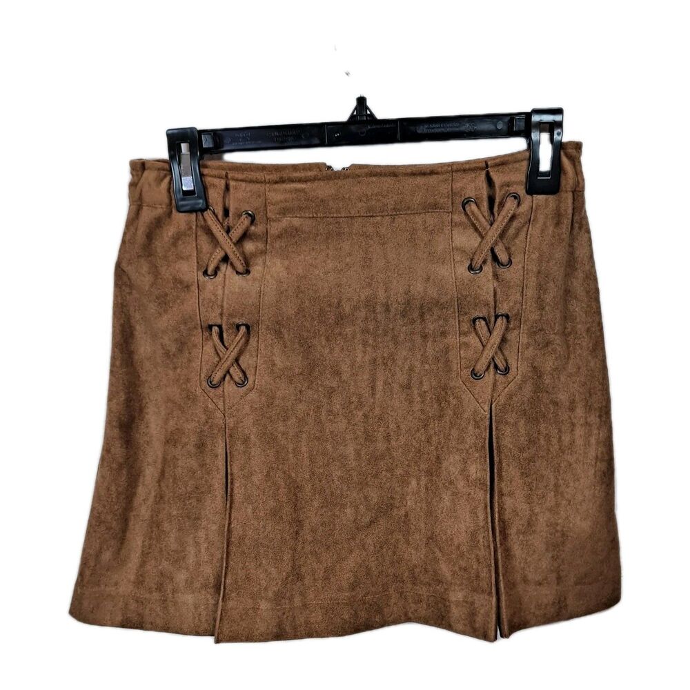 Women's Faux Suede Western-Boho Mini Skirt by Fab'rik Size S Brown